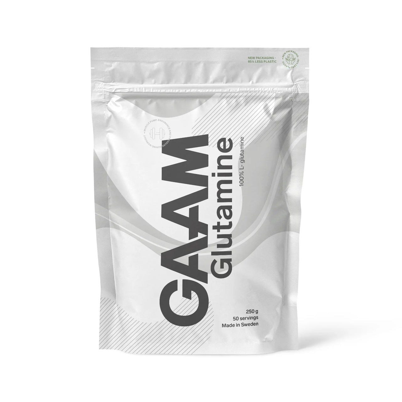 GAAM Glutamine 250 g rent L-glutamin i pulverform, pakket i en hvit pose med grå detaljer.