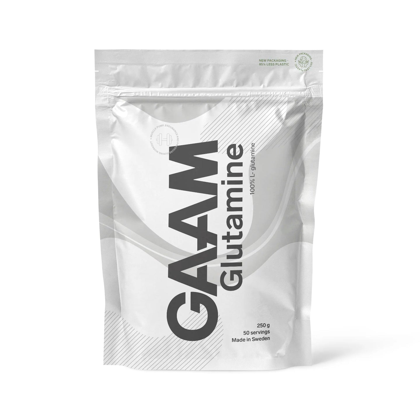 GAAM Glutamine 250 g rent L-glutamin i pulverform, pakket i en hvit pose med grå detaljer.