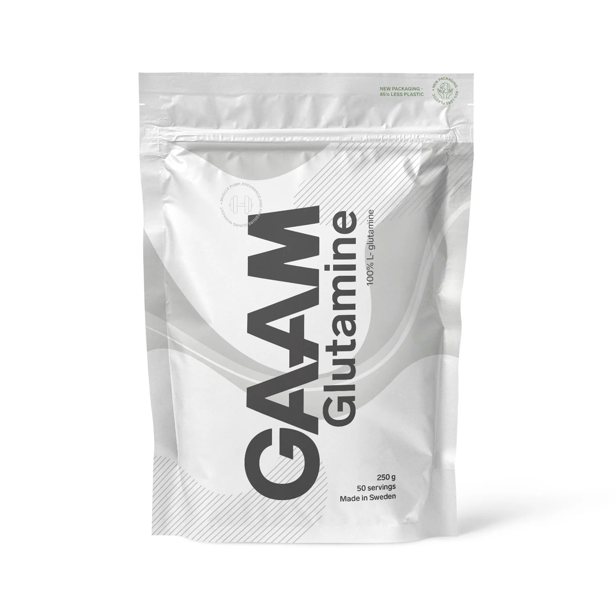GAAM Glutamine 250 g rent L-glutamin i pulverform, pakket i en hvit pose med grå detaljer.