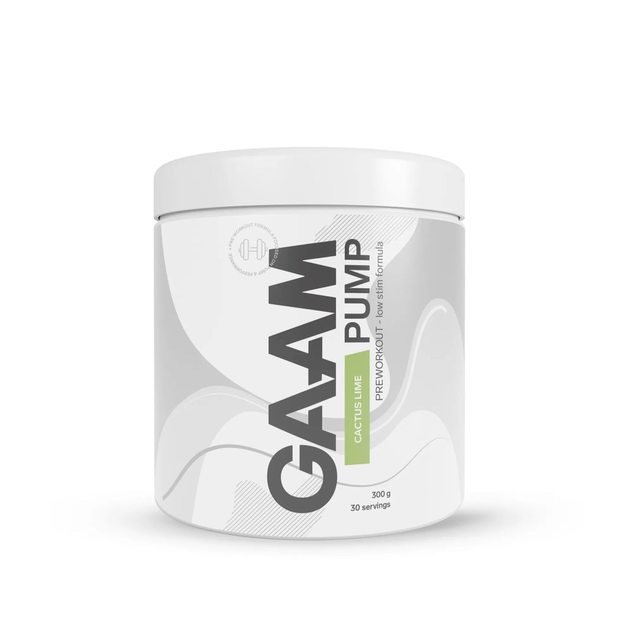 GAAM PUMP 300 g pre-workout i en hvit boks med grått mønster og lysegrønne detaljer for smaken Cactus Lime.