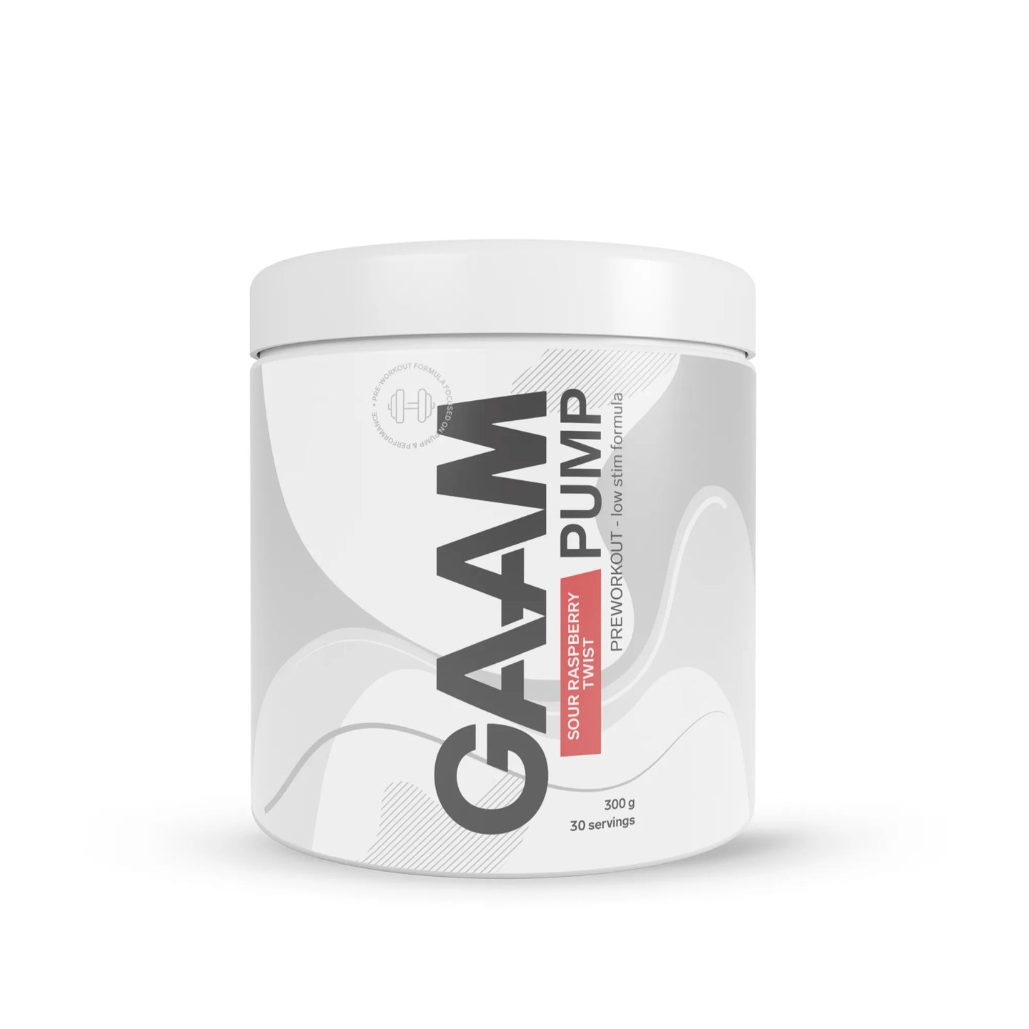 GAAM PUMP 300 g PWO-pulver i en hvit boks med grå og rosa detaljer for smaken Sour Raspberry Twist., bilde 3 av 3