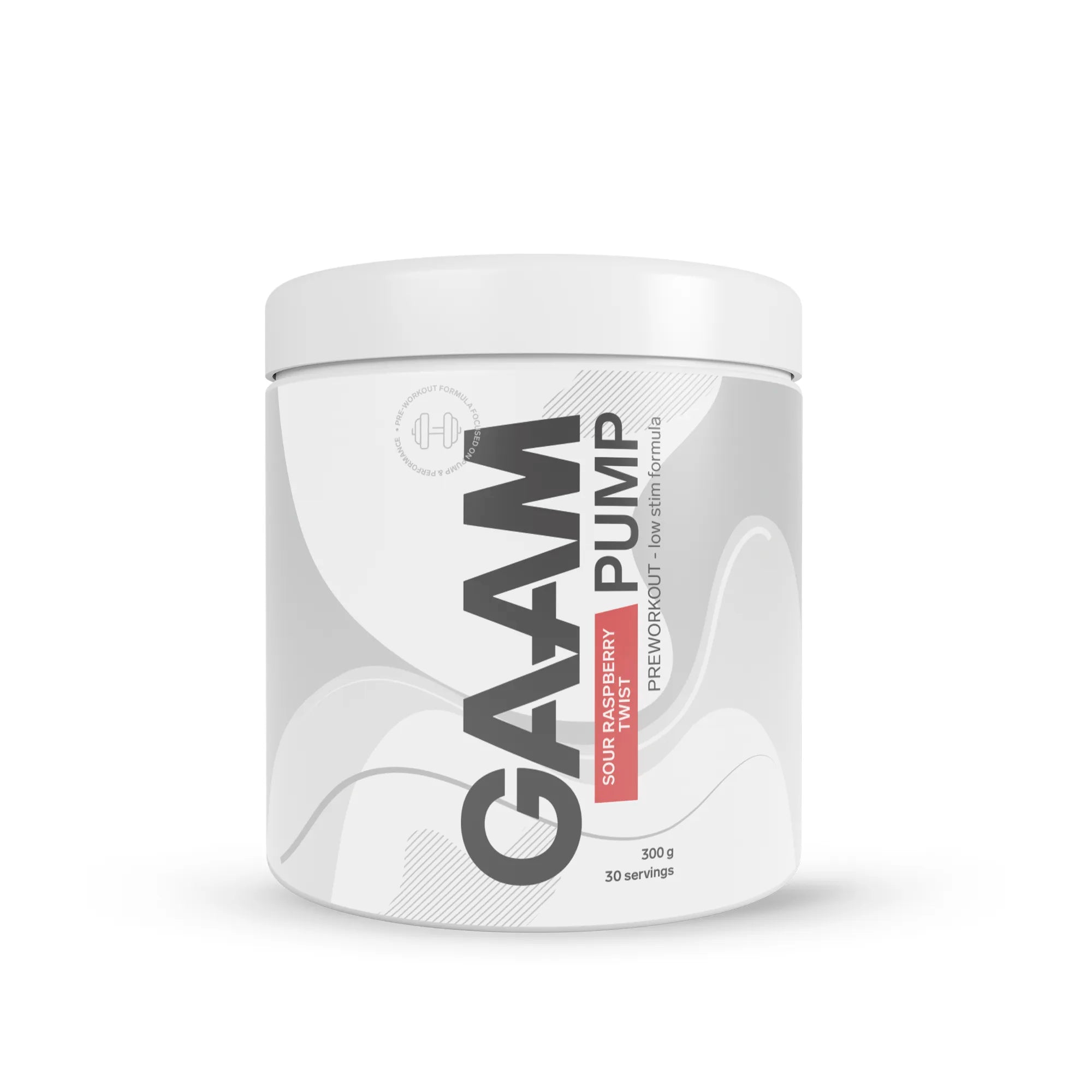GAAM PUMP 300 g PWO-pulver i en hvit boks med grå og rosa detaljer for smaken Sour Raspberry Twist., bilde 3 av 3