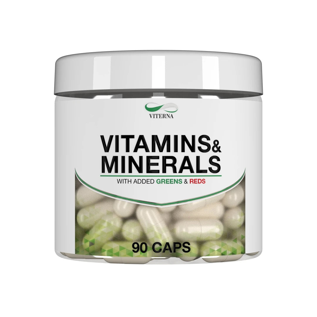 Viterna Vitamins & Minerals 90 caps multivitamin i en hvit boks med synlige kapsler og grønne detaljer.