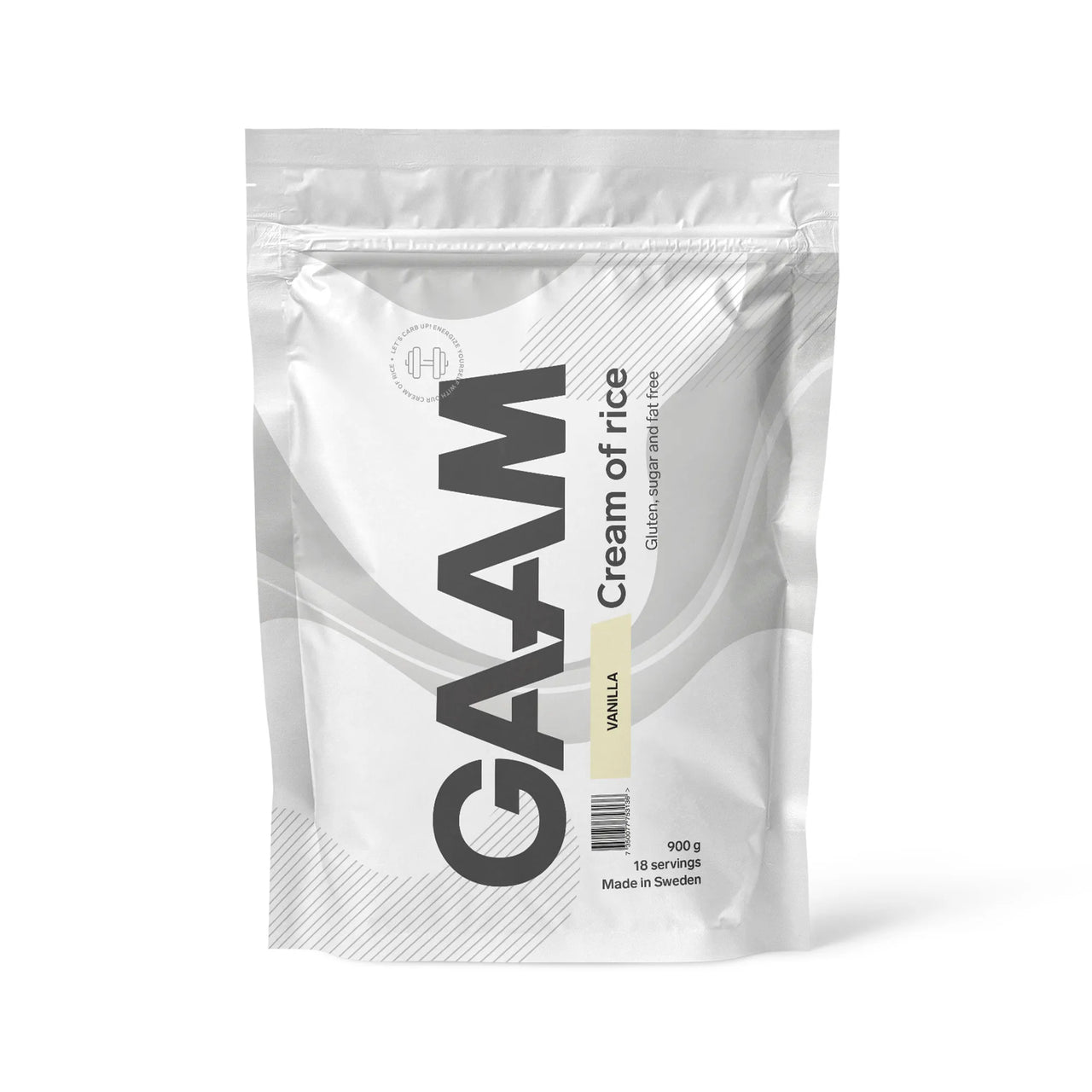 GAAM Cream of Rice 900 g karbohydratpulver i en hvit pose med lysegule detaljer for smaken vanilje.