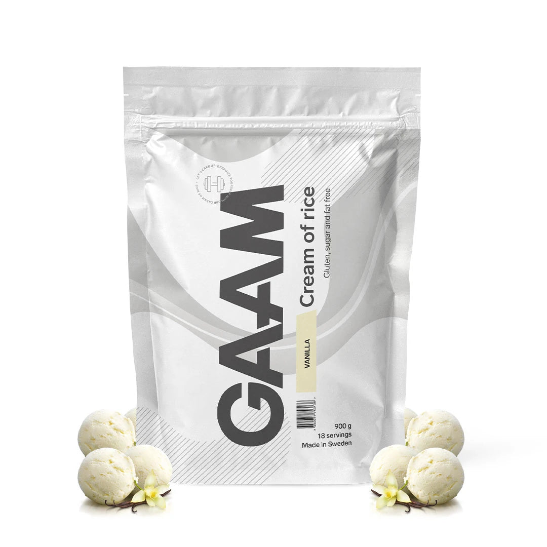 GAAM Cream of Rice 900 g karbohydratpulver i en hvit pose med vaniljesmak, omgitt av iskremkuler.
