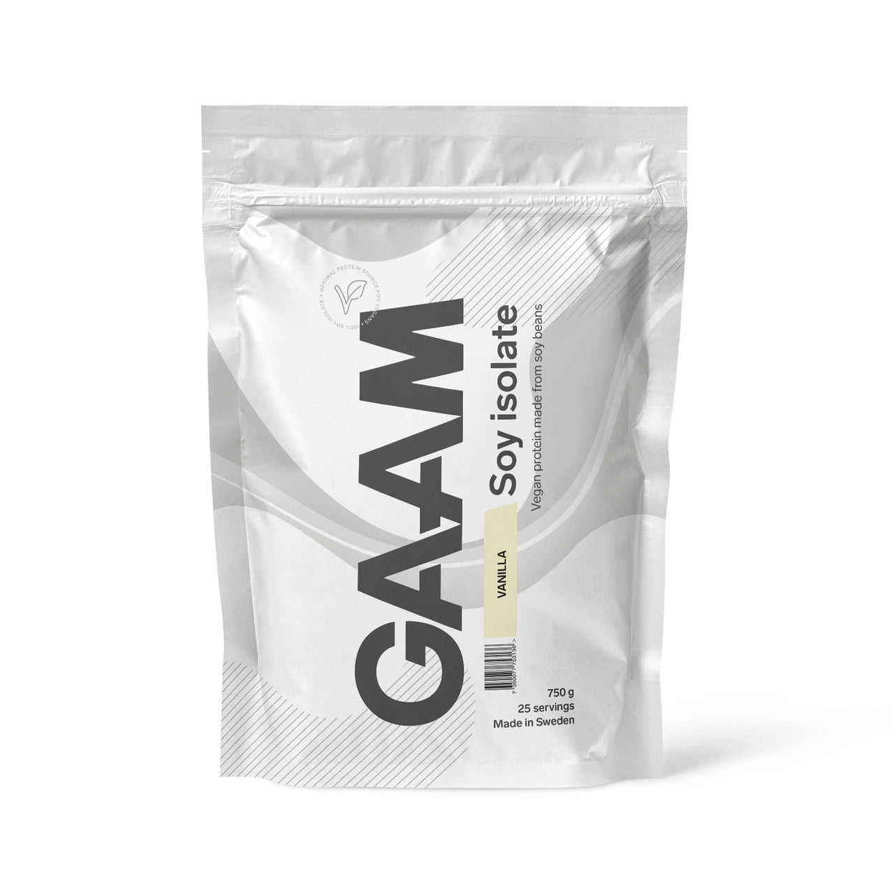 GAAM Soy Isolate 750 g vegansk soyaproteinpulver i en hvit pose for smaken Vanilla.