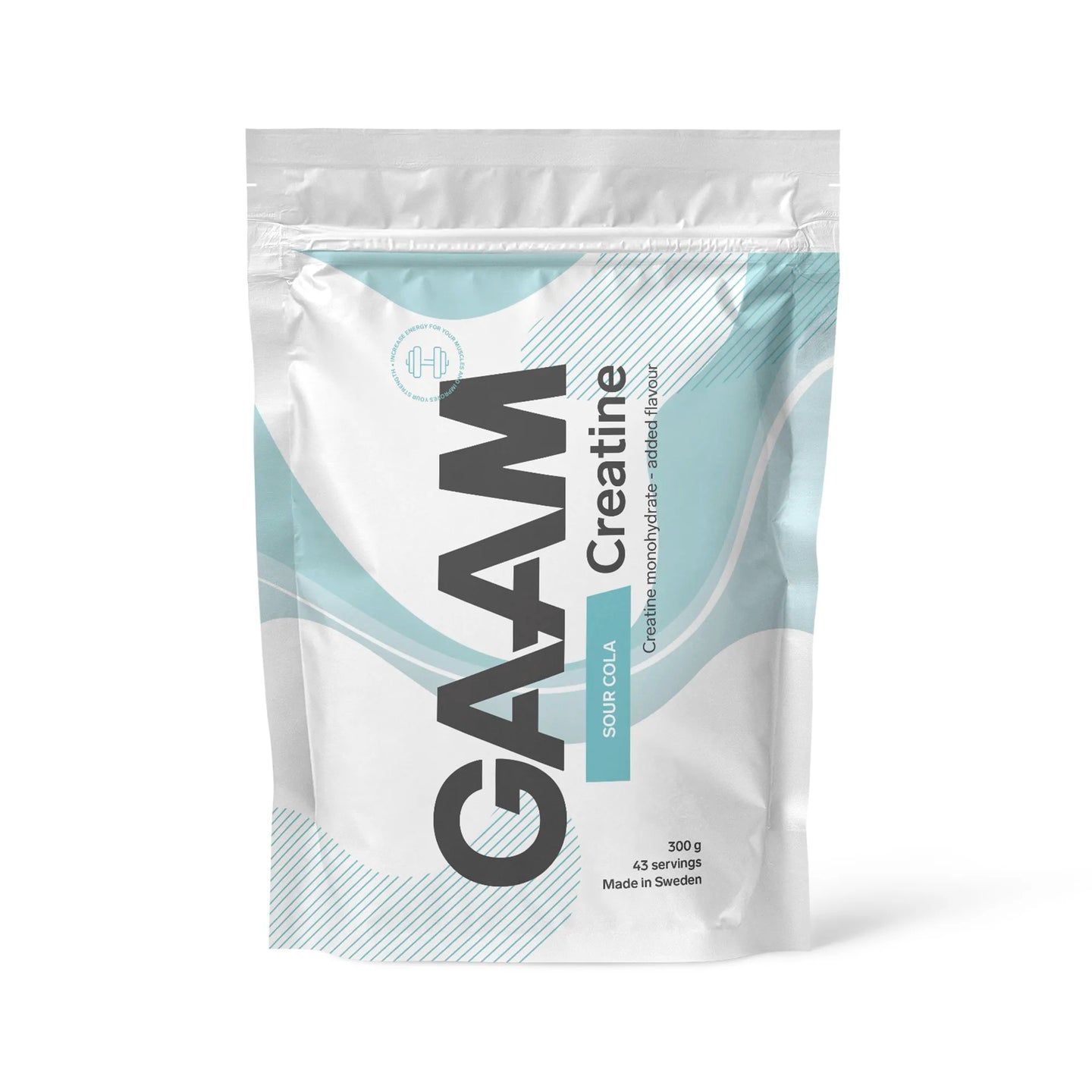 GAAM Creatine 300 g kreatinpulver i en hvit pose med lyseblå detaljer for smaken Sour Cola., bilde 1 av 4