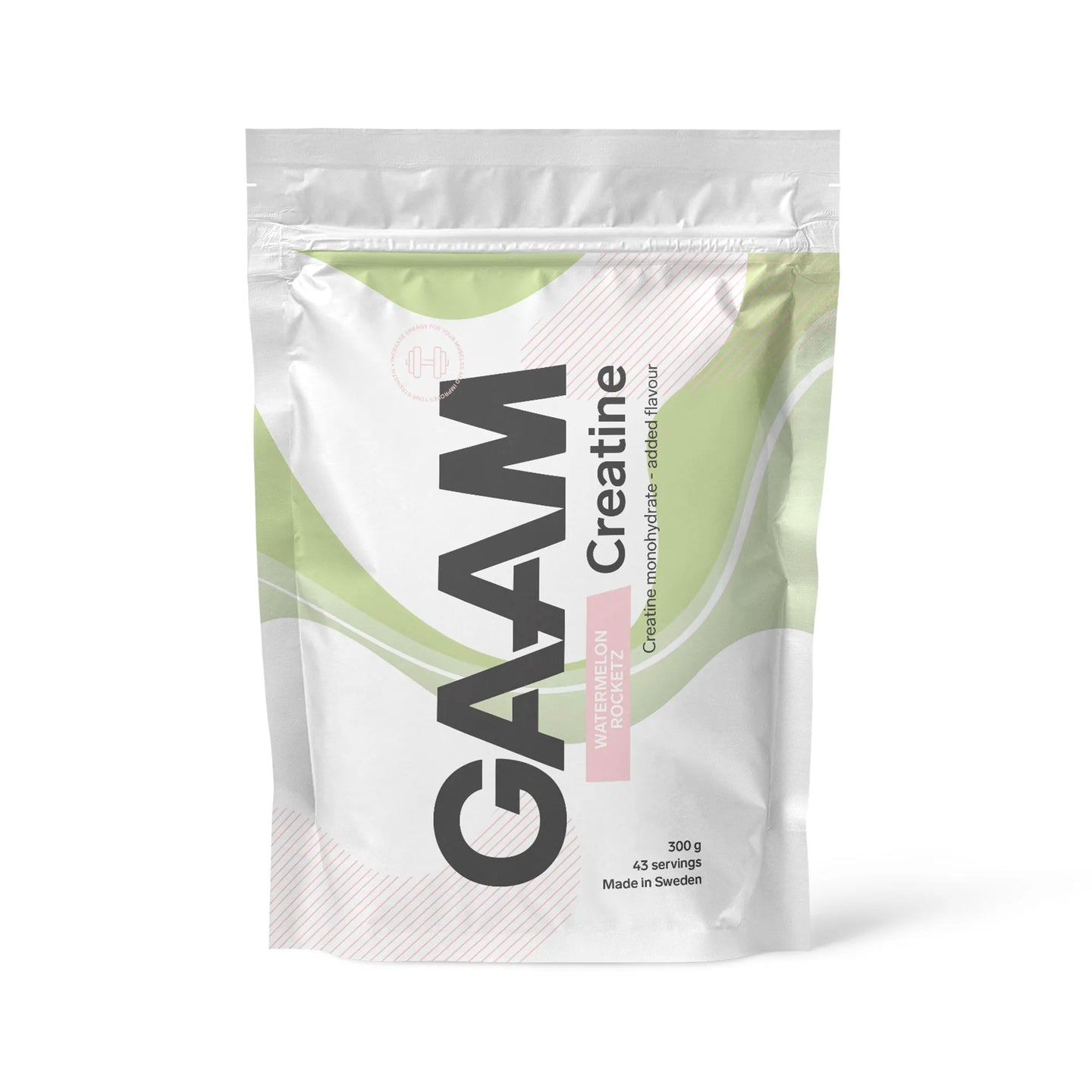GAAM Creatine 300 g kreatinpulver i en hvit pose med grønne detaljer for smaken Watermelon Rocketz., bilde 2 av 4