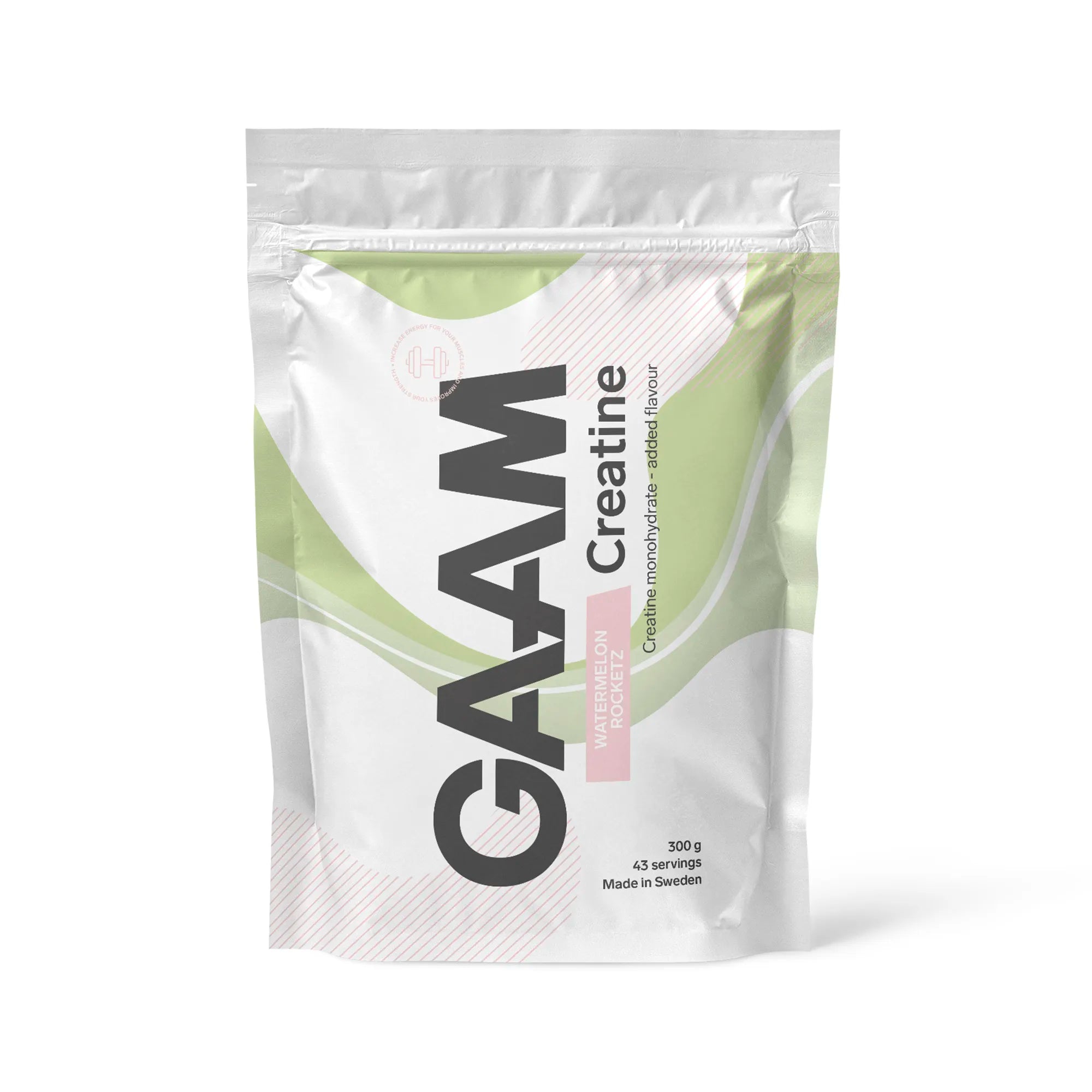 GAAM Creatine 300 g kreatinpulver i en hvit pose med grønne detaljer for smaken Watermelon Rocketz., bilde 2 av 4