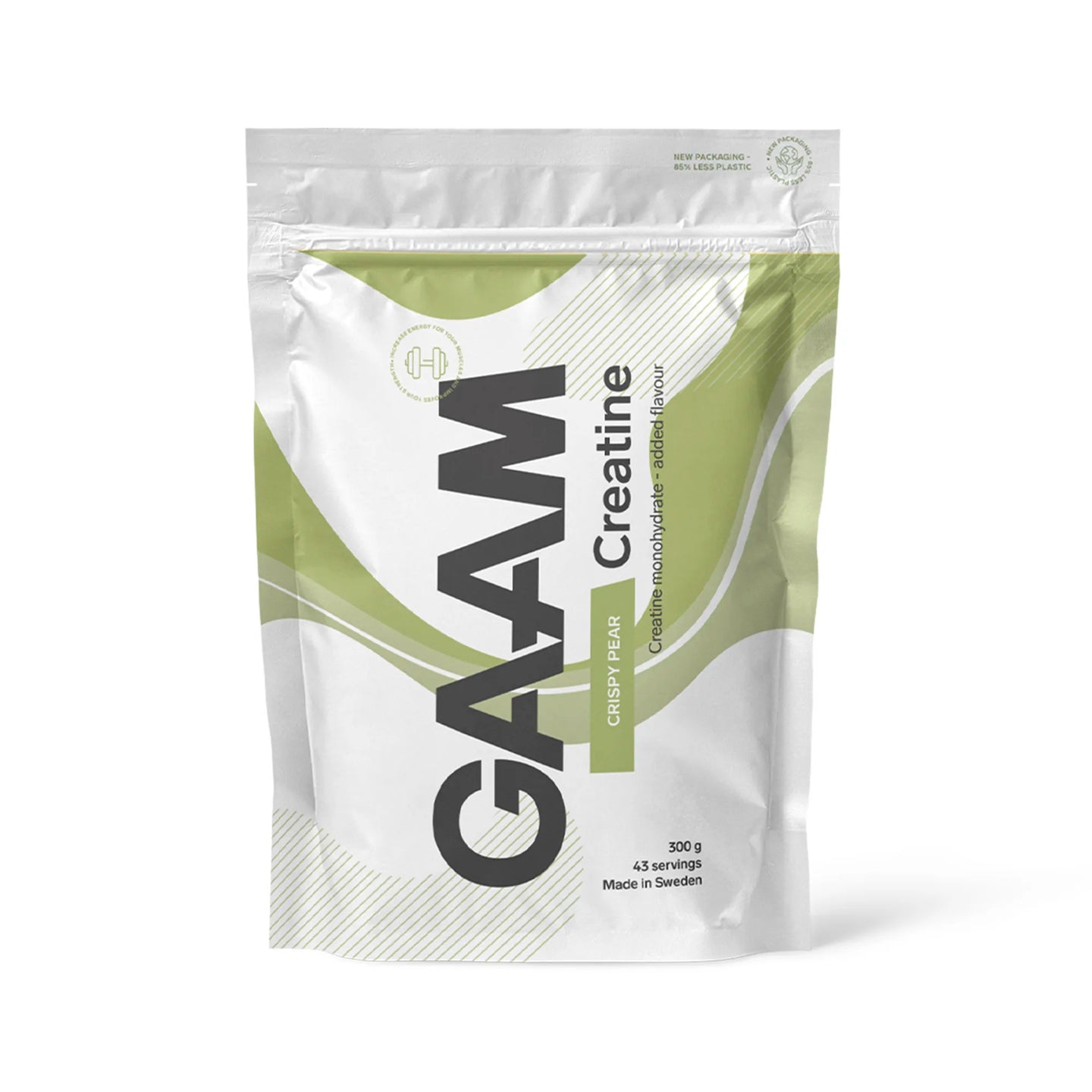 GAAM Creatine 300 g kreatinpulver i en hvit pose med grønne detaljer for smaken Crispy Pear., bilde 4 av 4