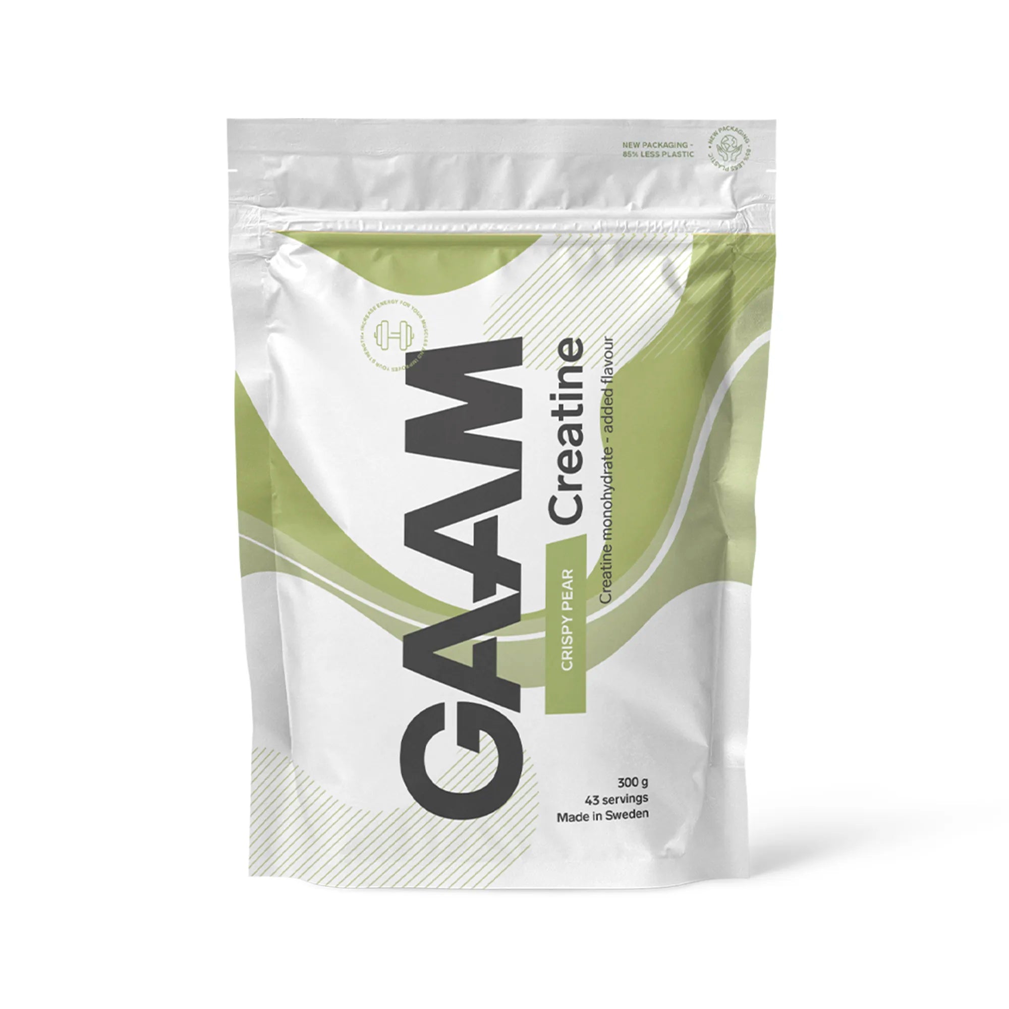 GAAM Creatine 300 g kreatinpulver i en hvit pose med grønne detaljer for smaken Crispy Pear., bilde 4 av 4