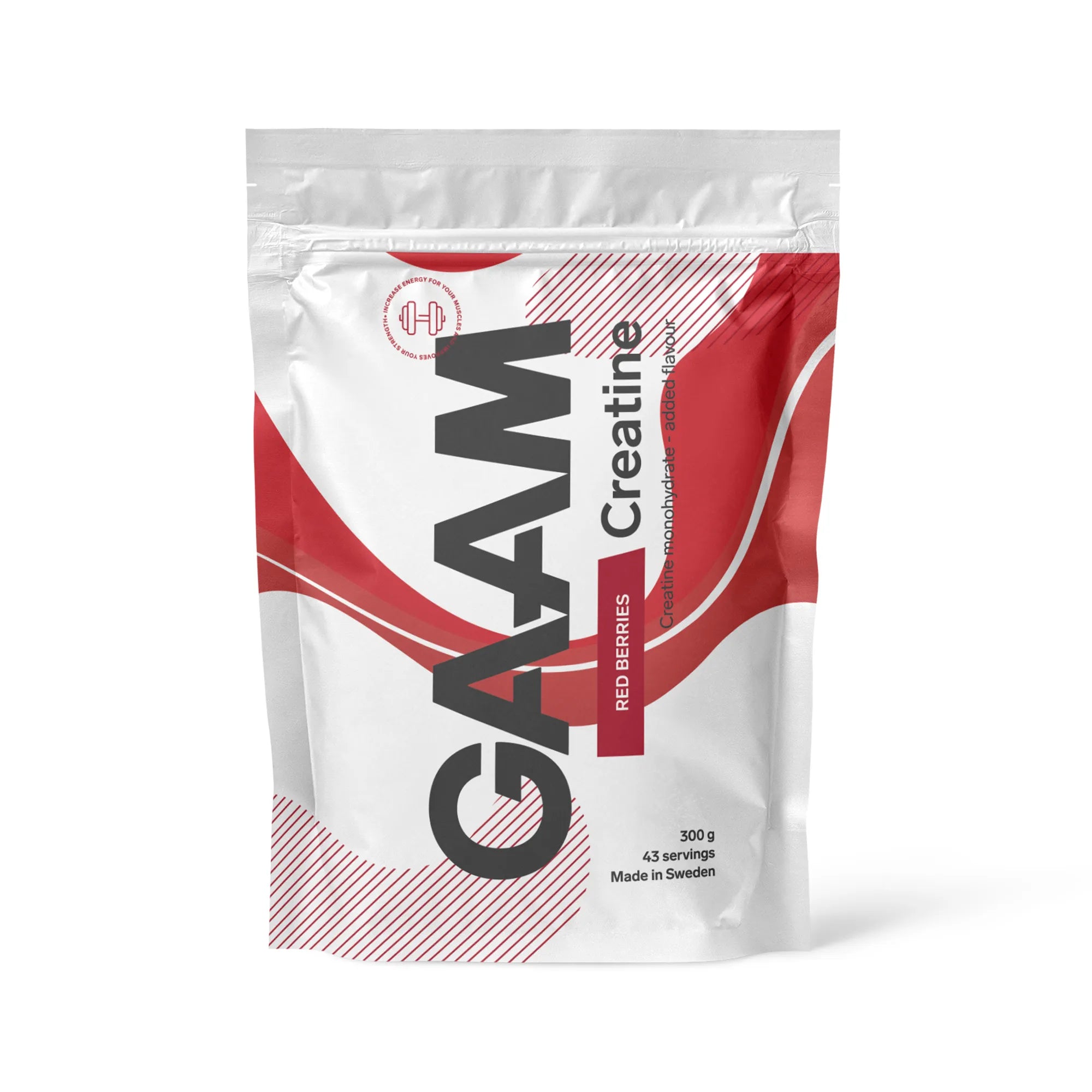 GAAM Creatine 300 g kreatinpulver i en hvit pose med røde detaljer for smaken Red Berries., bilde 5 av 6