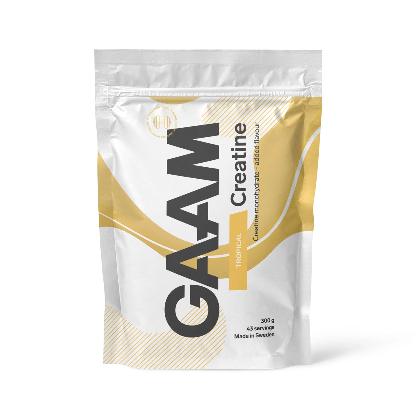 GAAM Creatine 300 g kreatinpulver i en hvit pose med gule detaljer for smaken Tropical., bilde 6 av 6