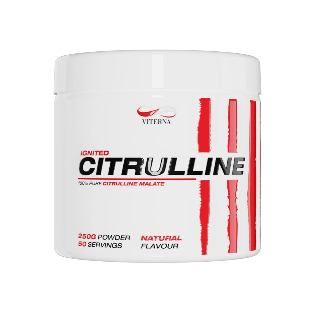Viterna Citrulline Malate 250 g pulver i en hvit boks med røde og svarte detaljer og smaken Naturell.