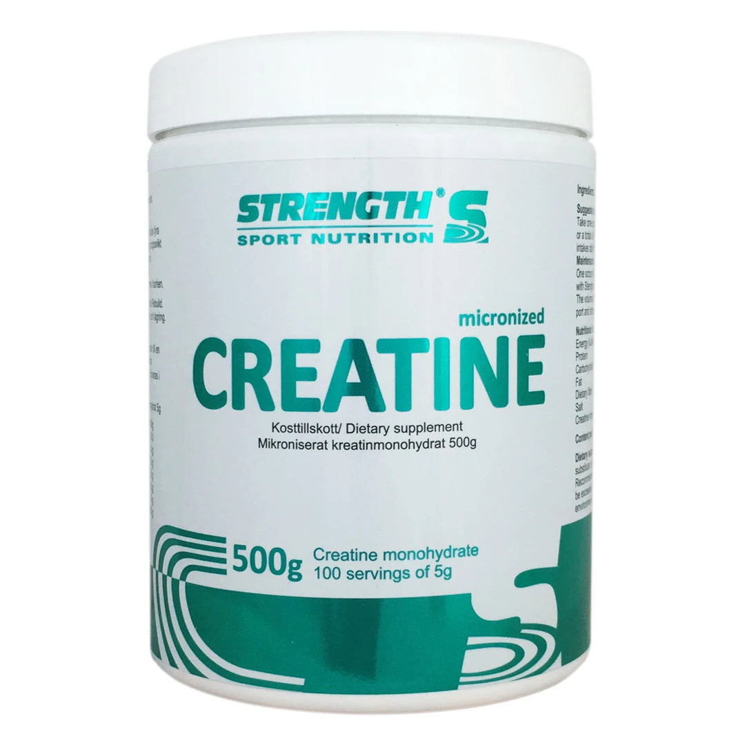 Hvit boks med grønne detaljer som inneholder Strength Sport Nutrition Creatine 500 g.