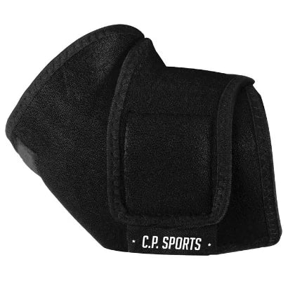 C.P. Sports Elbow Support, et svart albuestøtte i neopren med borrelås for sikker trening.