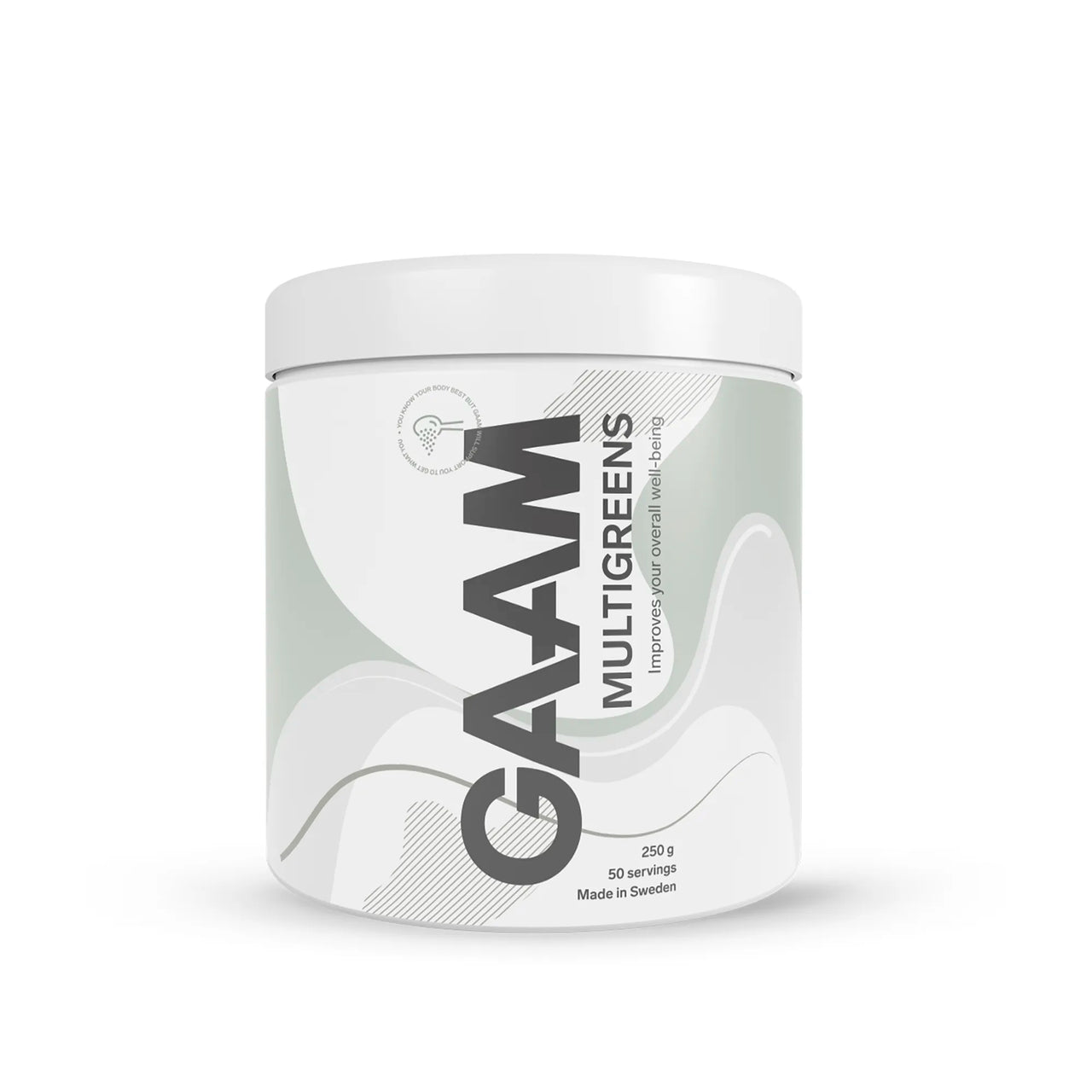 GAAM Multigreens 250 g greenspulver i en stilren hvit boks med lysegrønne og grå detaljer.