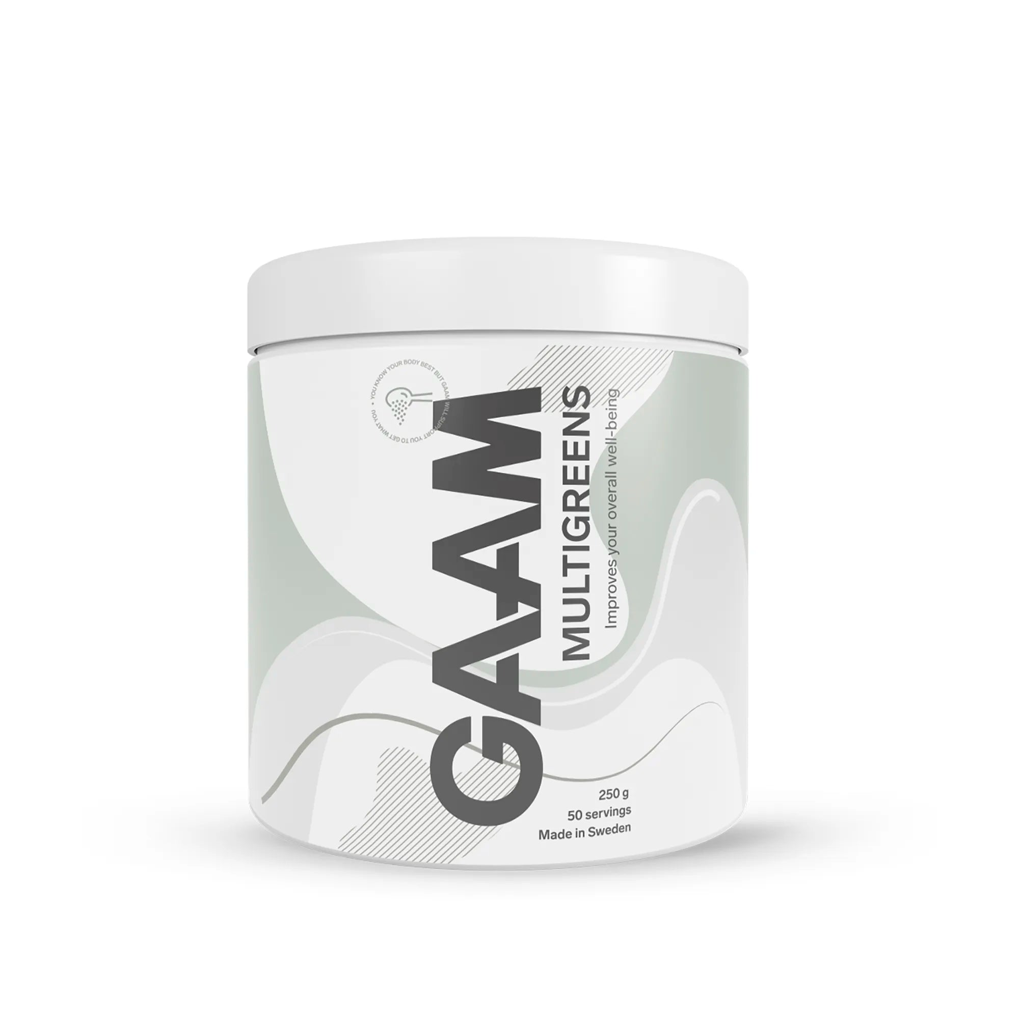 GAAM Multigreens 250 g greenspulver i en stilren hvit boks med lysegrønne og grå detaljer.