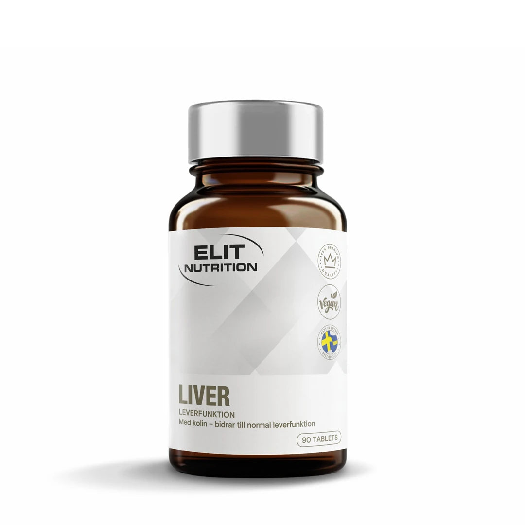 Elit Nutrition Liver Pro 90 tabs kosttilskudd i en mørkebrun boks med sølvlokk og hvit etikett.