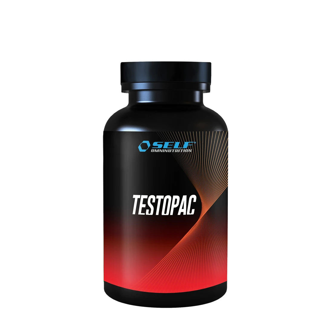 Self Omninutrition TestoPac 120 caps testosteronbooster i en svart boks med røde grafiske detaljer.