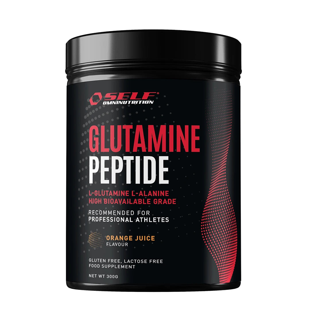 Self Omninutrition Glutamine Peptides 300 g aminosyratilskudd i en svart boks med røde detaljer og appelsinsmak.