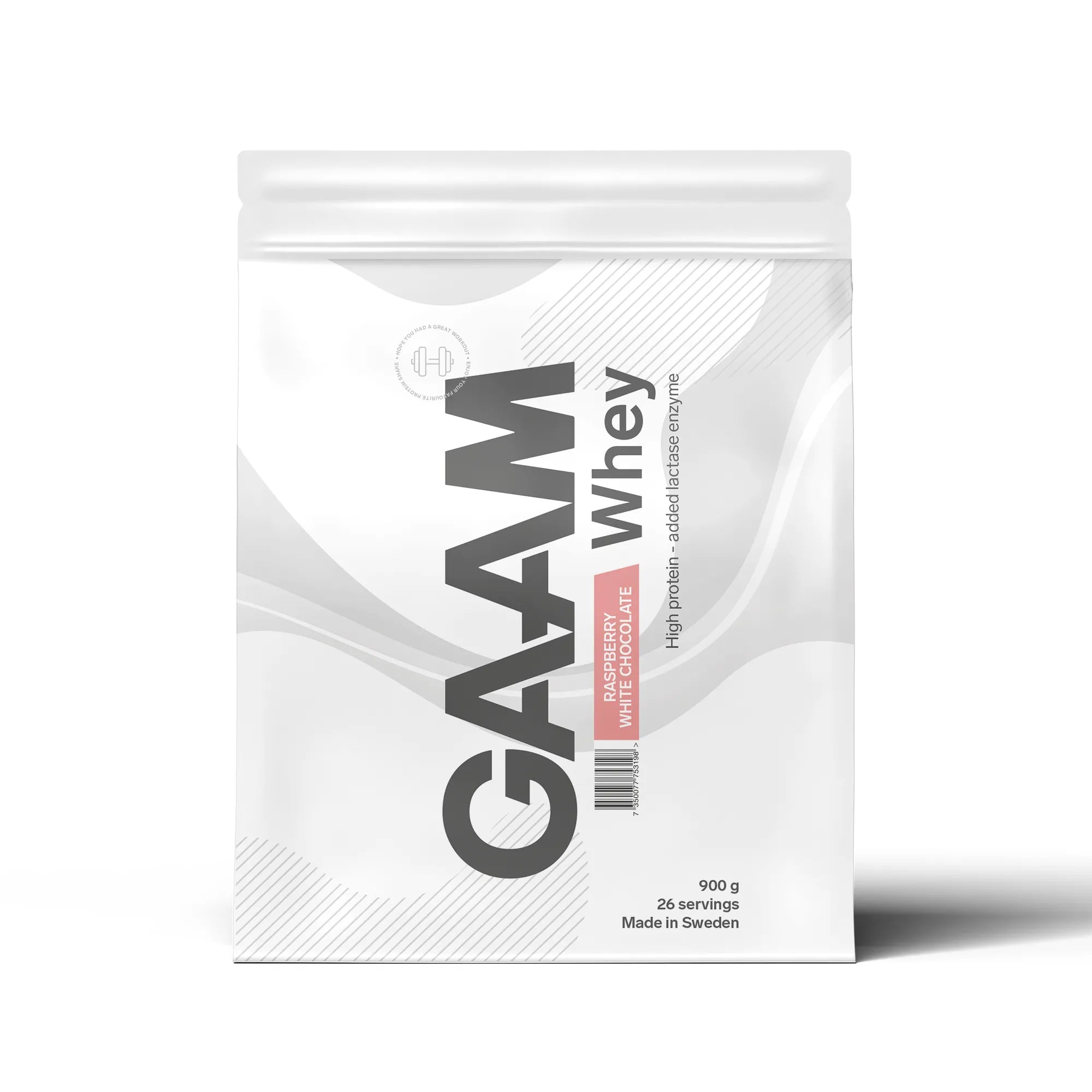 Hvit pose med GAAM Whey 900 g proteinpulver i smaken Raspberry White Chocolate.