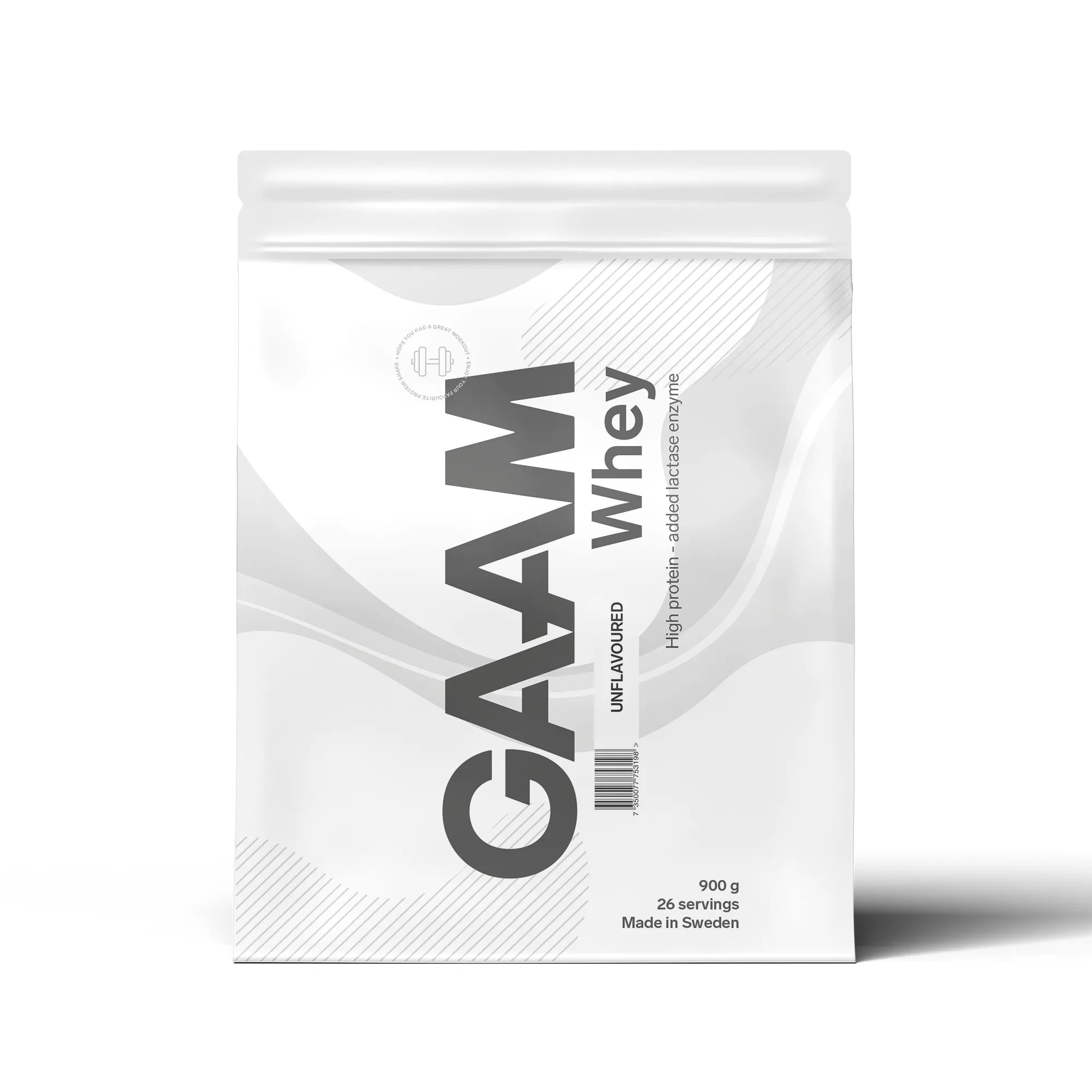 GAAM Whey 900 g proteinpulver i en hvit pose for varianten Unflavoured.
