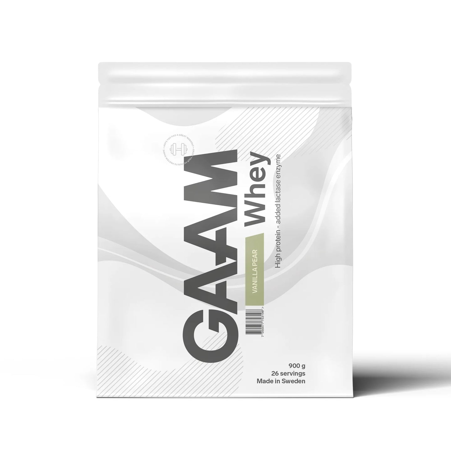 En hvit pose med GAAM Whey 900 g proteinpulver i smaken Vanilla Pear.