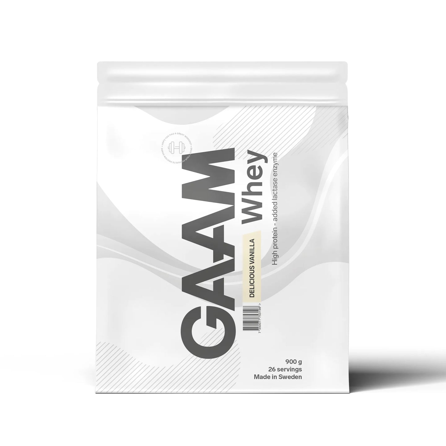 Hvit pose med GAAM Whey 900 g proteinpulver i smaken Delicious Vanilla.