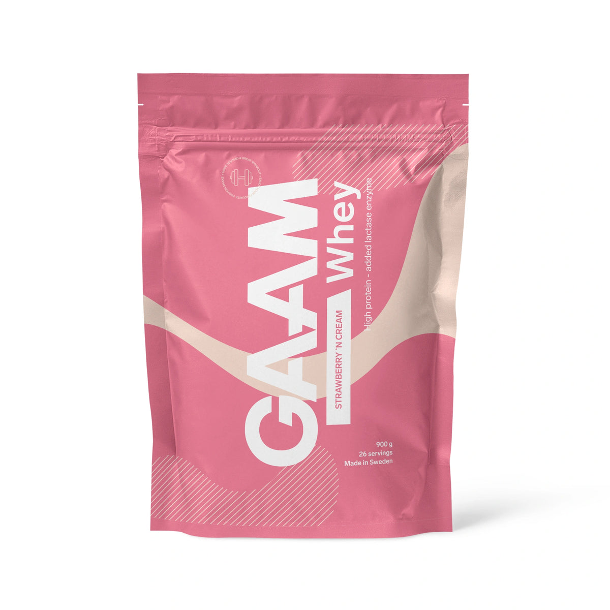 GAAM Whey 900 g proteinpulver i en rosa pose med beige detaljer for smaken Strawberry 'N Cream., bilde 17 av 17