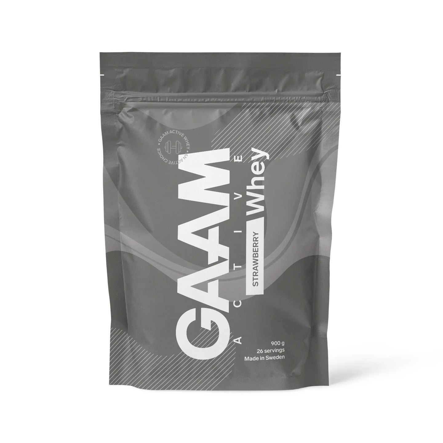 GAAM Active Whey 900 g proteinpulver i en grå pose med hvite detaljer for smaken Strawberry., bilde 3 av 3