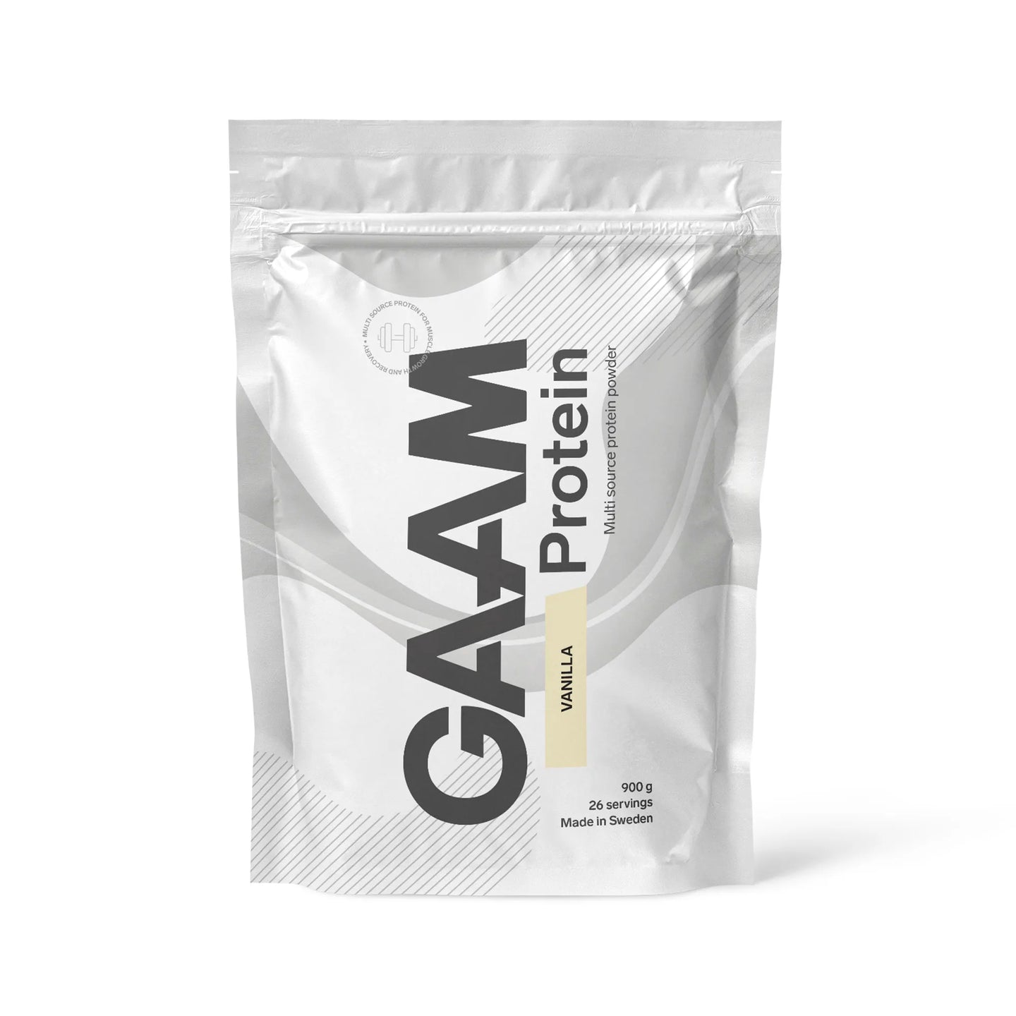 GAAM Protein 900 g proteinpulver i en hvit pose med lysegule detaljer for smaken Vanilla., bilde 2 av 3
