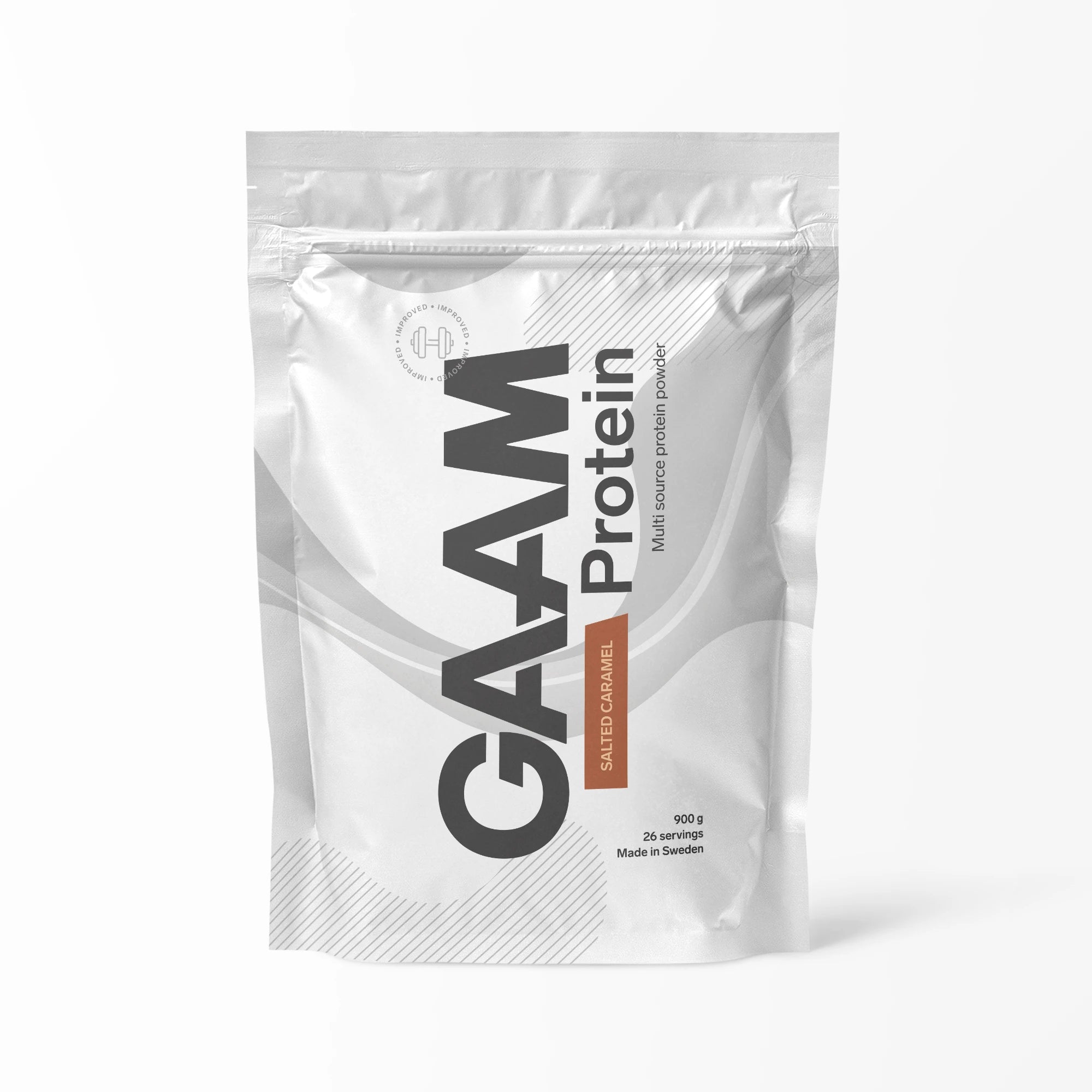 GAAM Protein 900 g proteinpulver i en hvit pose med brune detaljer for smaken Salted Caramel., bilde 4 av 6