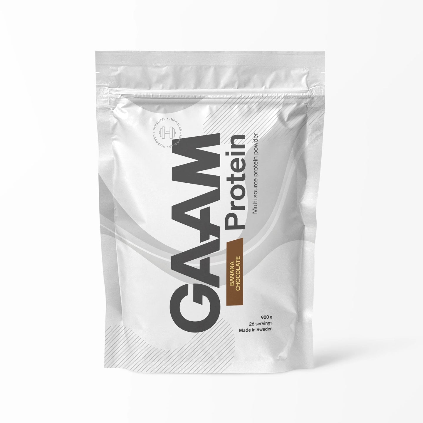 GAAM Protein 900 g proteinpulver i en hvit pose med brune detaljer for smaken Banana Chocolate., bilde 5 av 6