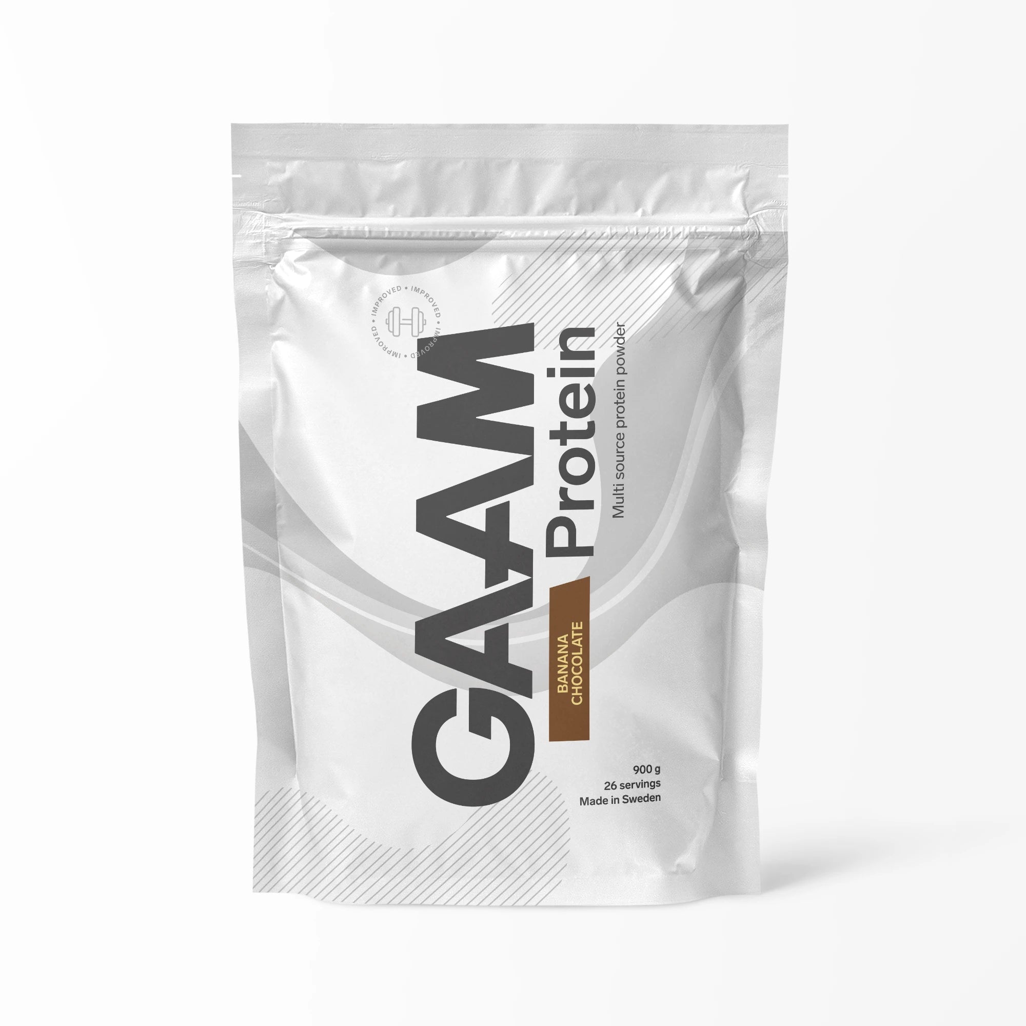 GAAM Protein 900 g proteinpulver i en hvit pose med brune detaljer for smaken Banana Chocolate., bilde 5 av 6