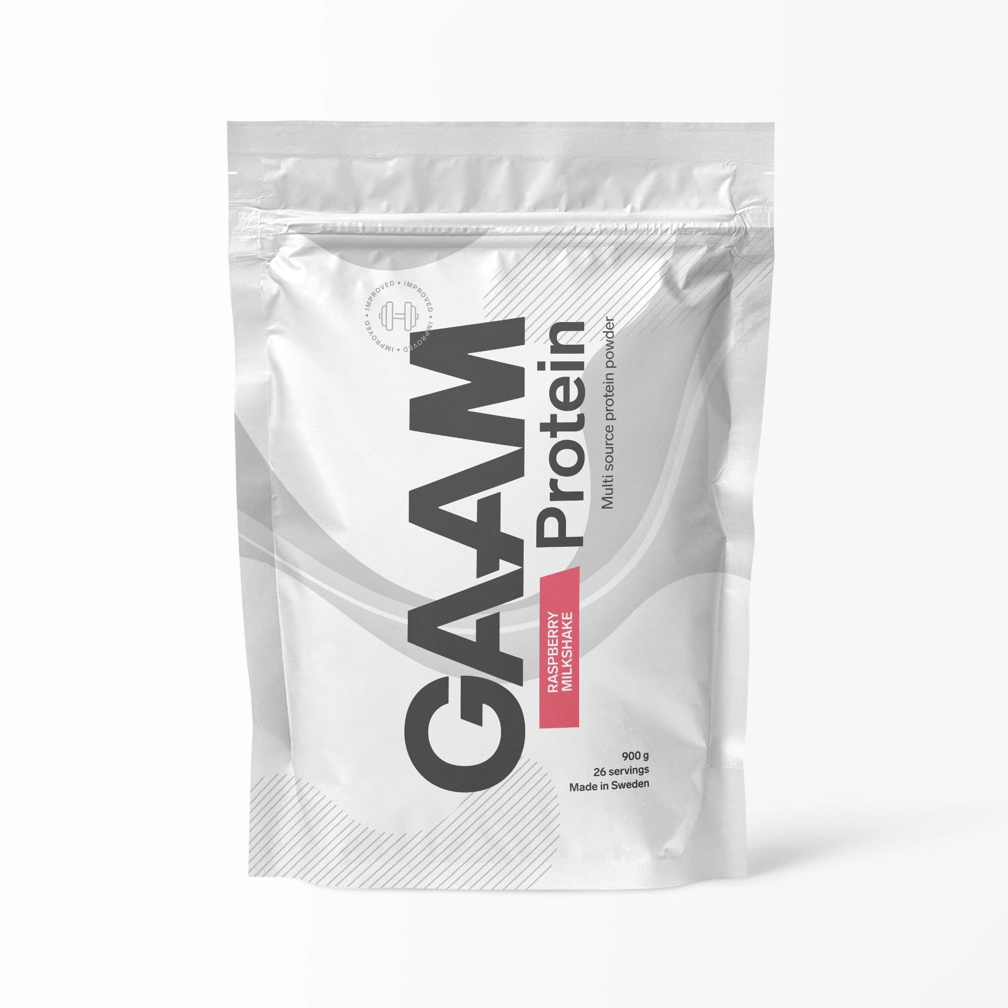 GAAM Protein 900 g proteinpulver i en hvit pose med rosa detaljer for smaken Raspberry Milkshake., bilde 6 av 6