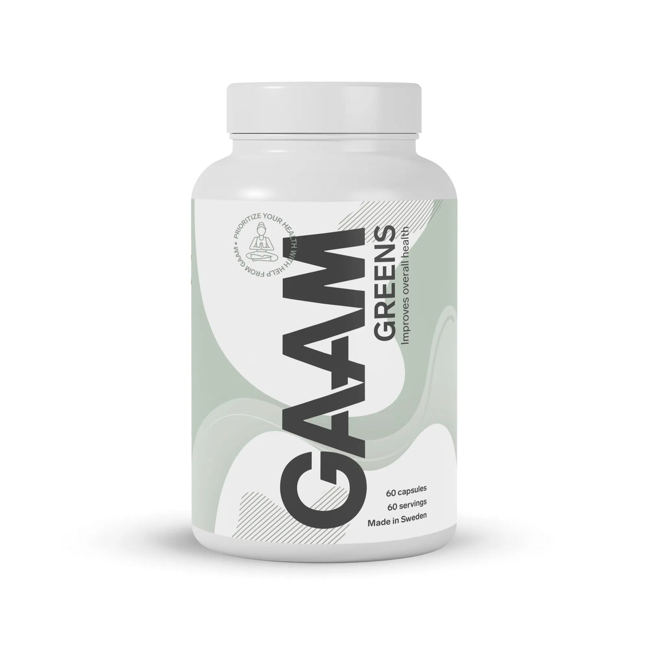 GAAM Greens 60 Caps greens-blanding pakket i en stilren hvit plastboks med lysegrønne detaljer.