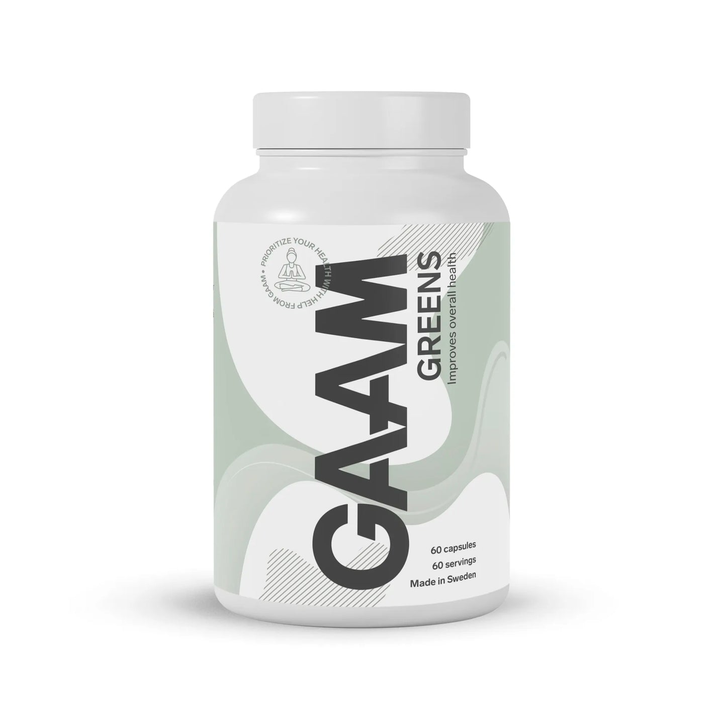 GAAM Greens 60 Caps greens-blanding pakket i en stilren hvit plastboks med lysegrønne detaljer.