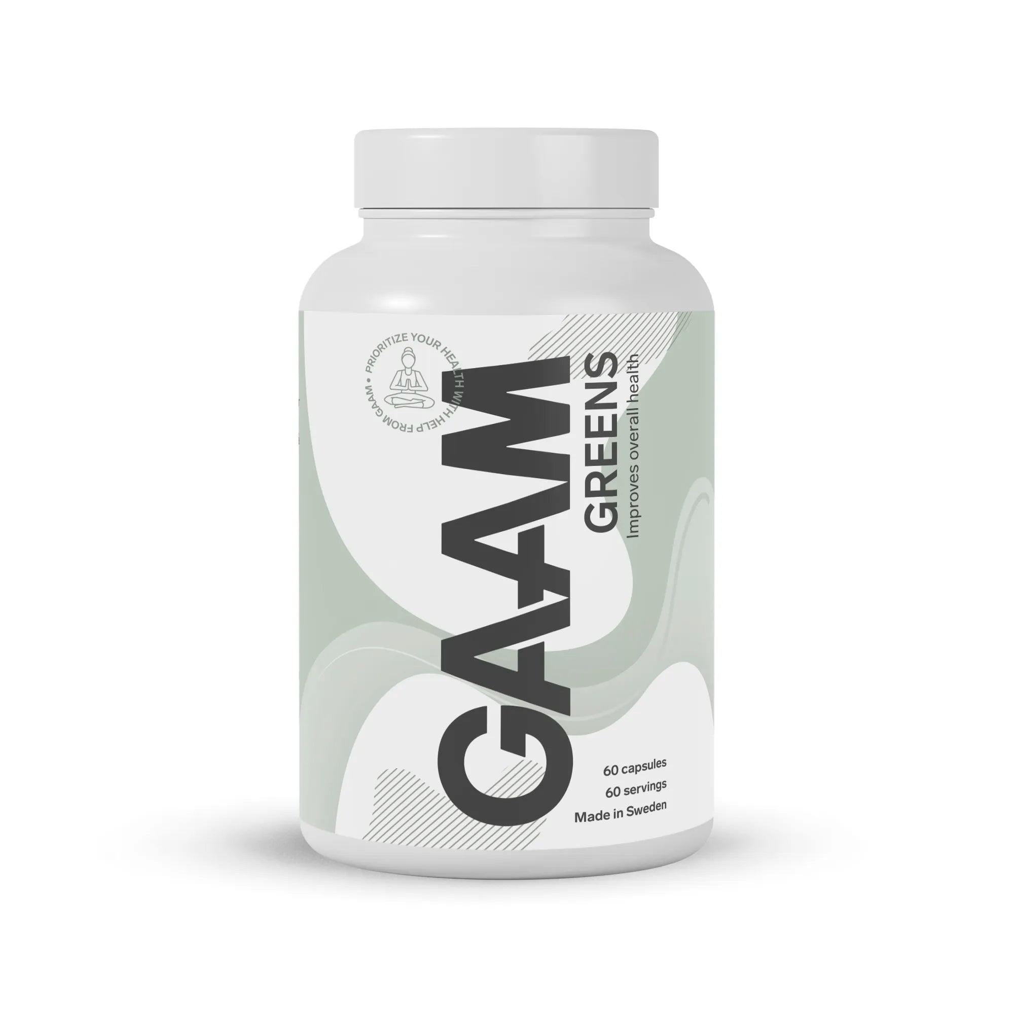 GAAM Greens 60 Caps greens-blanding pakket i en stilren hvit plastboks med lysegrønne detaljer.