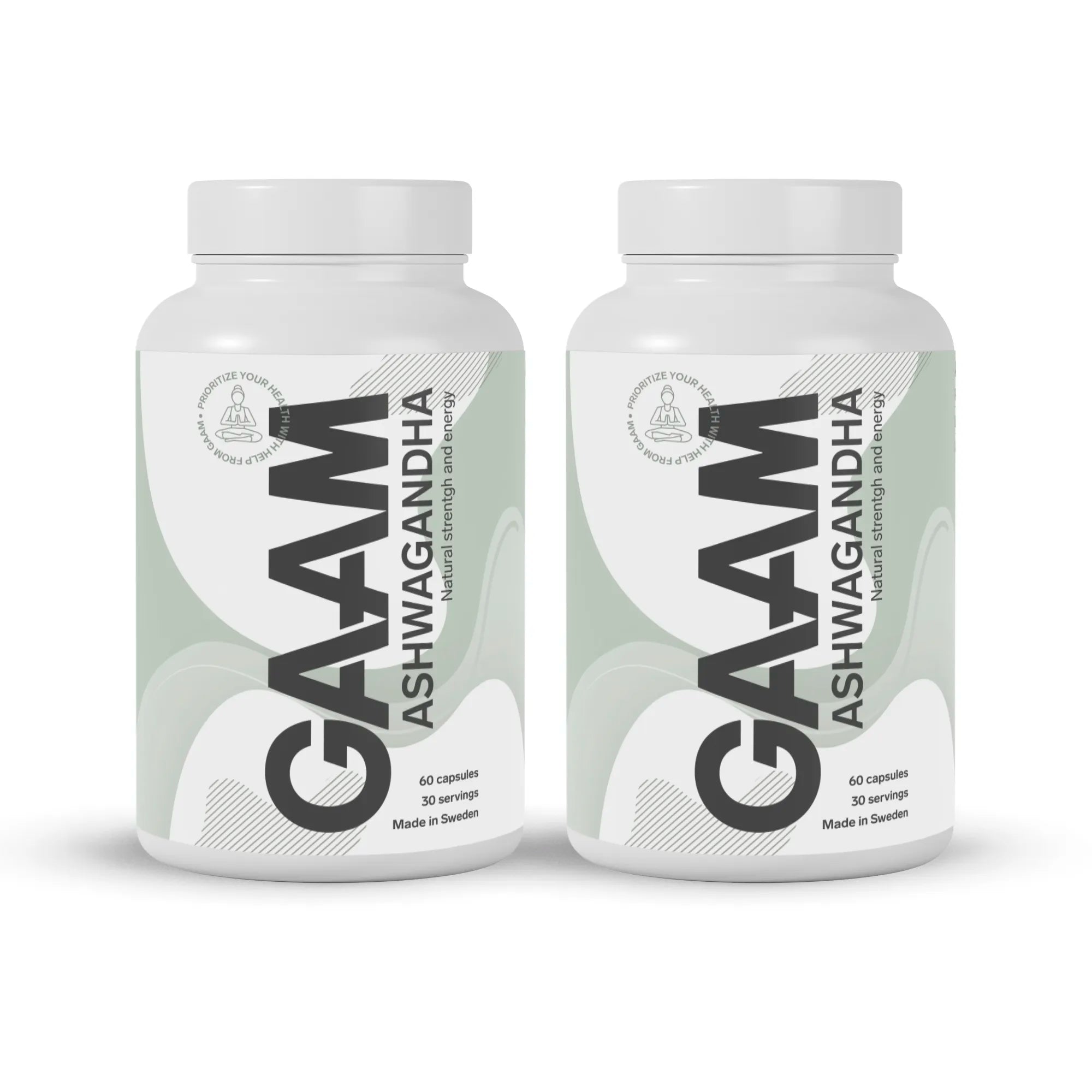 2 x GAAM Ashwagandha 60 caps kosttilskudd i to hvite bokser med grå og svarte detaljer.