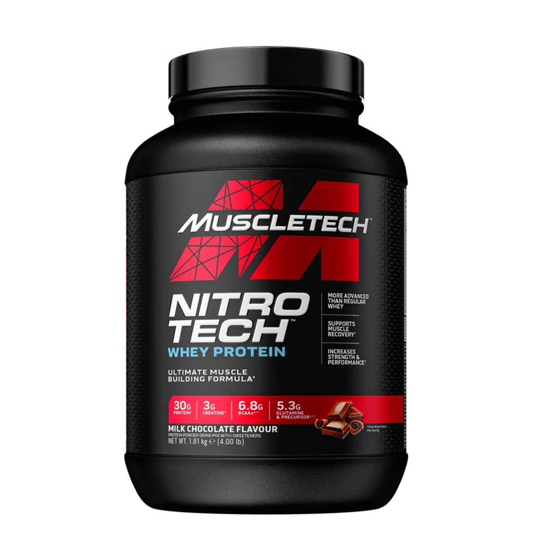 MuscleTech Performance Series Nitro-Tech 1.8 kg proteinpulver i en svart boks med røde detaljer og smaken Milk Chocolate.