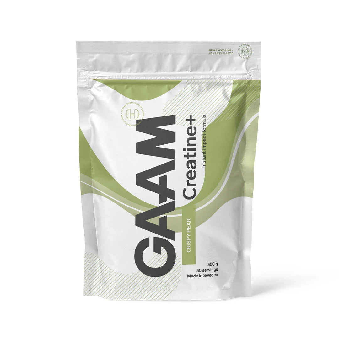 GAAM Creatine+ Kreatin 300 g kreatinpulver i en hvit pose med grønne detaljer for smaken Crispy Pear.