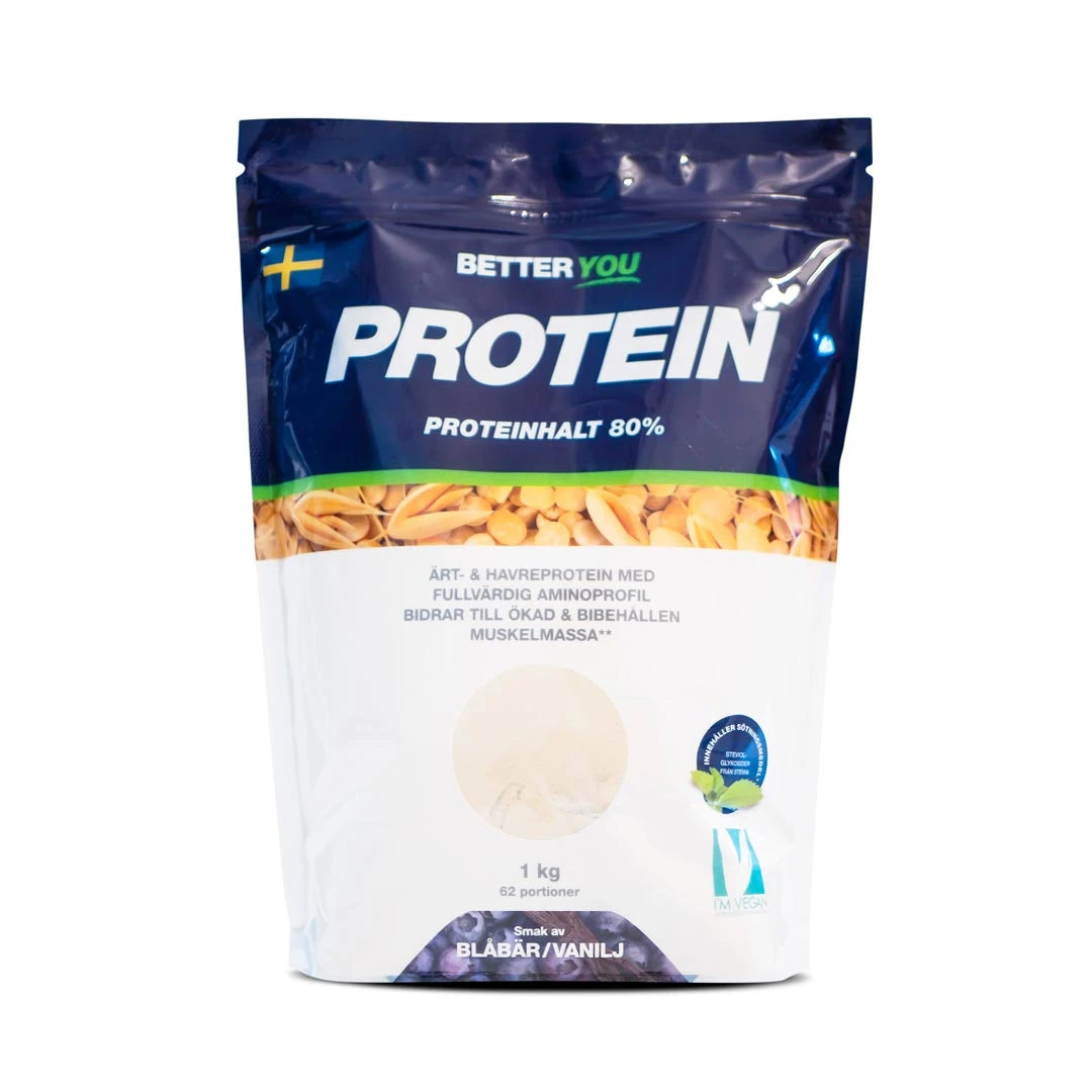 Better You Ärt & Havreprotein 1 kg vegansk proteinpulver, pakket i en hvit og mørkeblå pose med smaken Blåbær Vanilje.