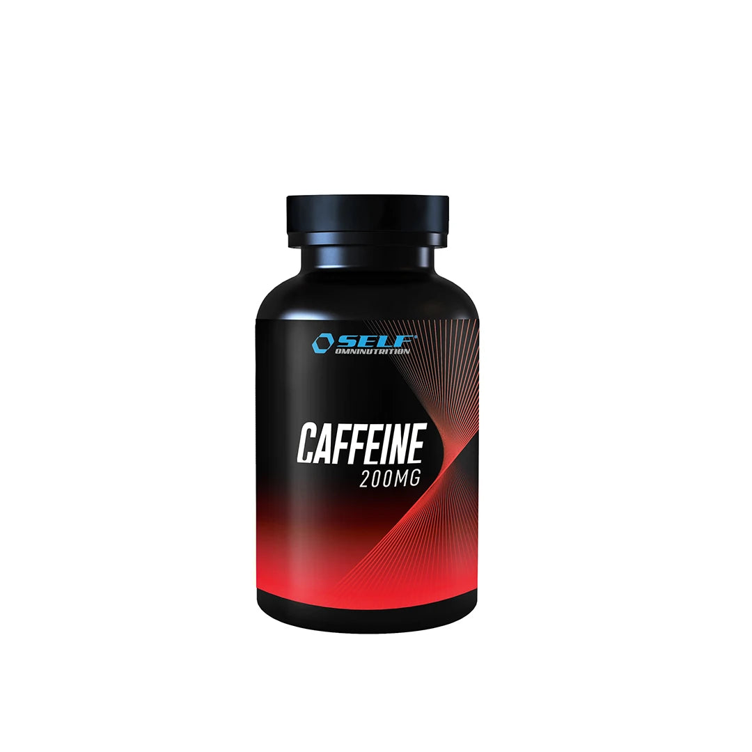 Self Omninutrition Caffeine 100 tabs i en svart boks med røde og hvite detaljer på etiketten.