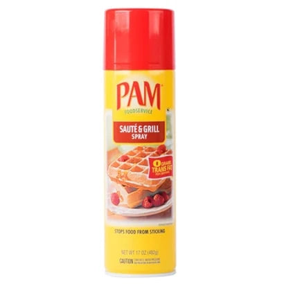 PAM Cooking Spray Sauté & Grill 482 g i en gul og rød sprayflaske med bilde av vafler.