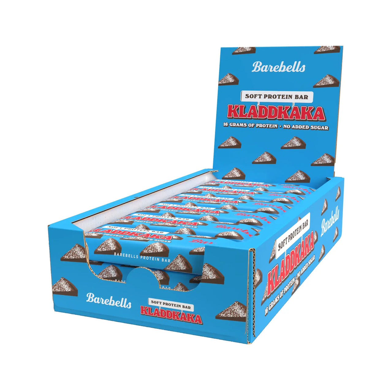 12 x Barebells Soft Protein Bar 45 g Kladdkaka i en blå displaykartong med motiv av kladdkakebiter.