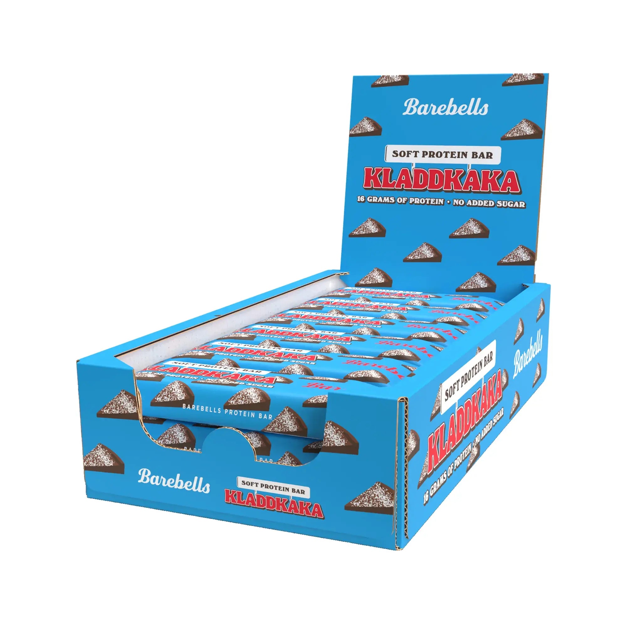12 x Barebells Soft Protein Bar 45 g Kladdkaka i en blå displaykartong med motiv av kladdkakebiter., bilde 1 av 1