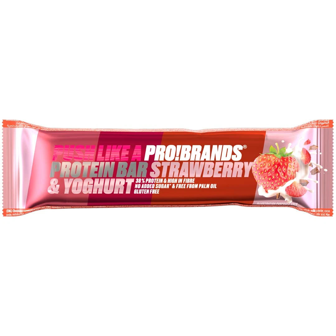 Pro Brands Proteinbar 45 g i en skinnende rosa og rød emballasje for smaken Strawberry Yoghurt., bilde 1 av 5