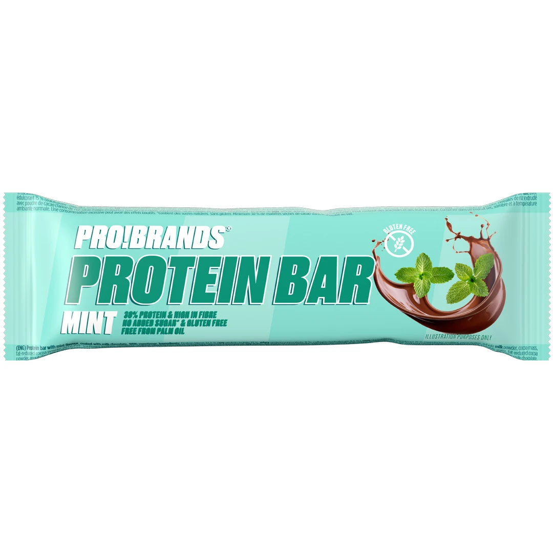 Pro Brands Proteinbar 45 g i en lyseblå forpakning med sjokolade og mynteblader for smaken Mint., bilde 5 av 5