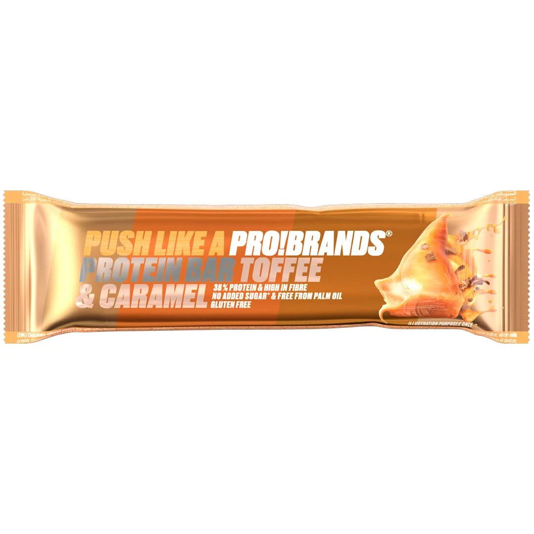 Pro Brands Proteinbar 45 g i gull- og oransjefarget omslag med smaken Toffee Caramel.